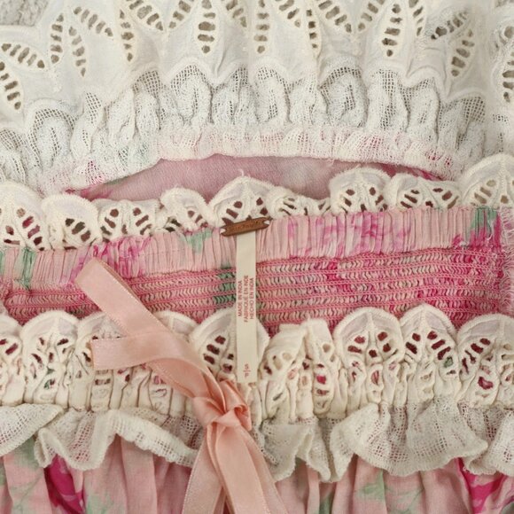 Free People Dolly Tube Cropped Top Floral Printed Smocked Ruched Lace S 283536 - Picture 7 of 7